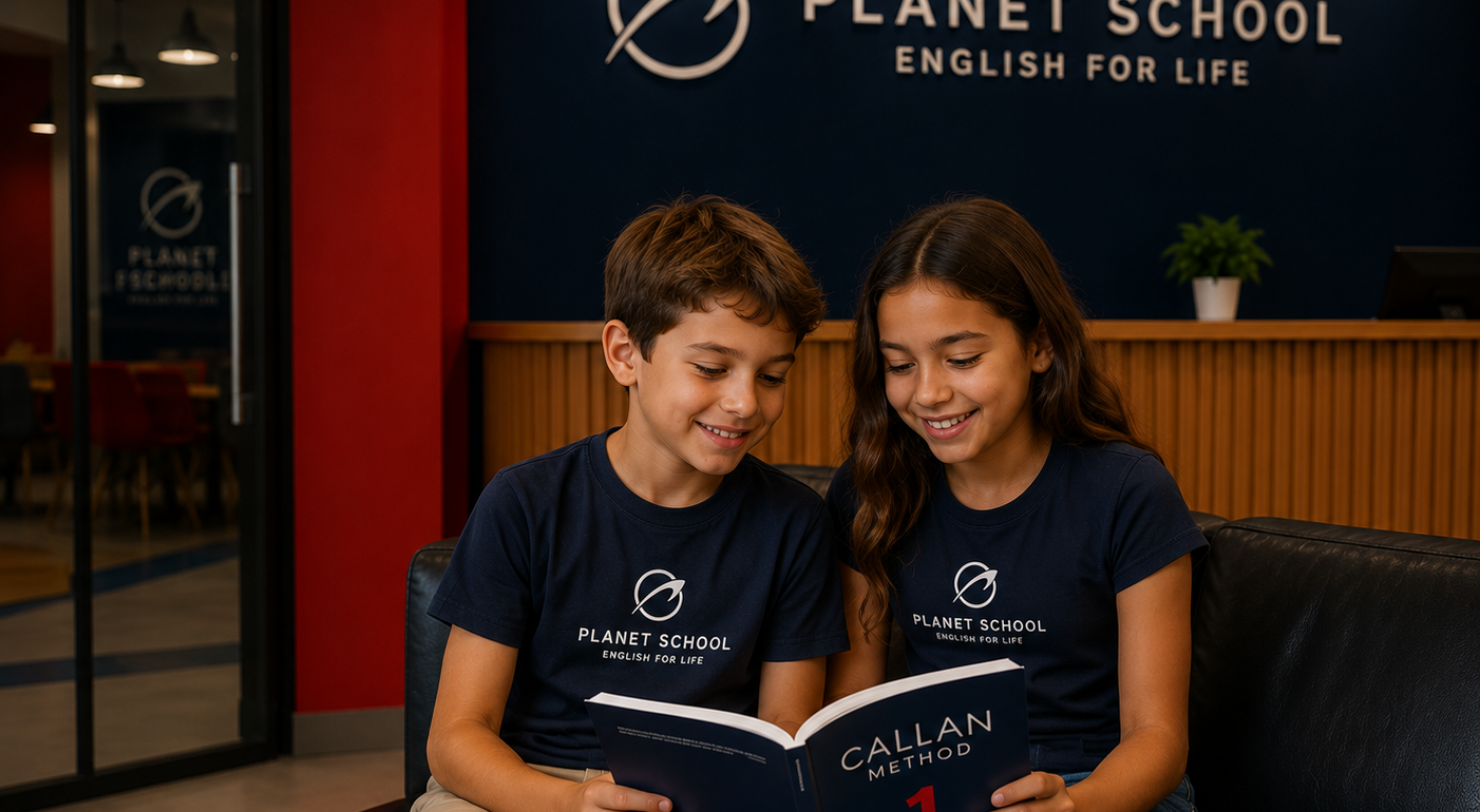 Crianças lendo um livro sentadas em um sofá na Planet School