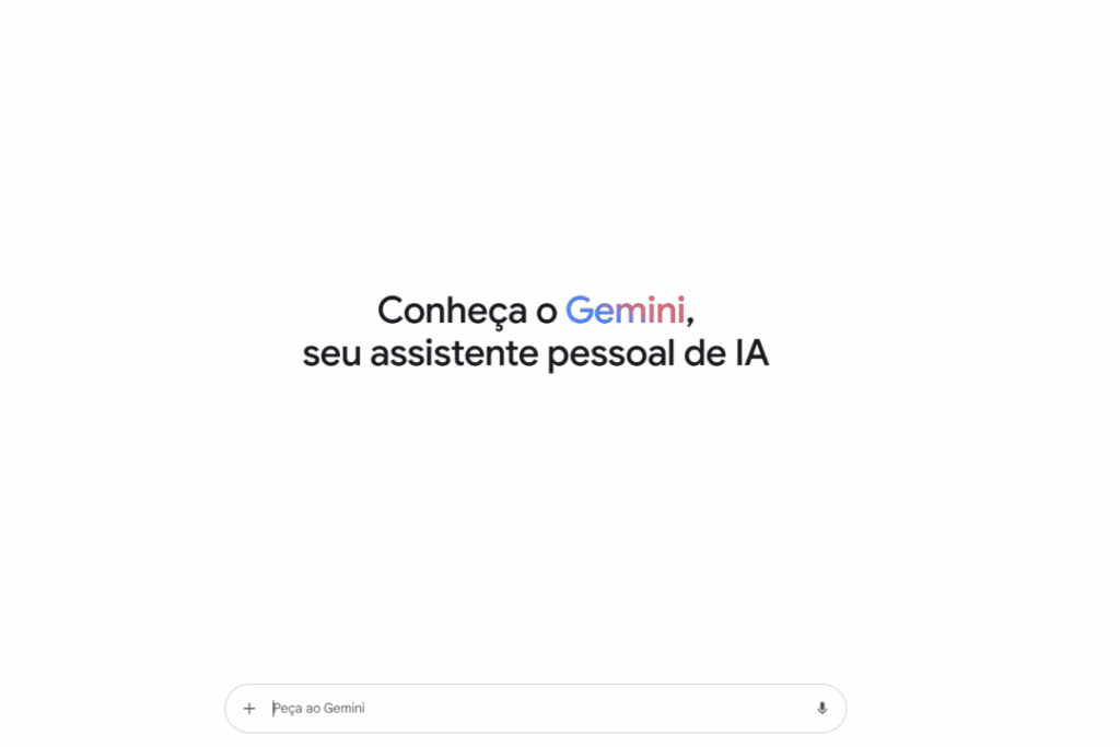 Tela branca com o texto centralizado “Conheça o Gemini, seu assistente pessoal de IA” e uma barra de busca na parte inferior.